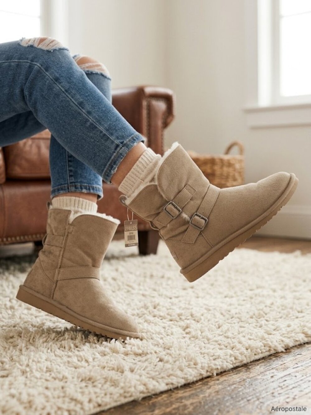 Aeropostale Beige Vegan Suede Faux Fur Mid-Calf Winter Boots Size 6 NEW